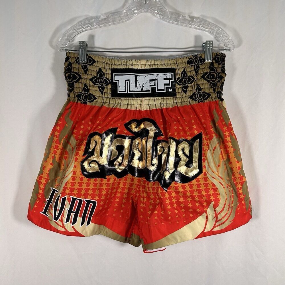 TUFF Muay Thai Shorts Men's XL Red Gold Pull On Drawstring 4" Inseam